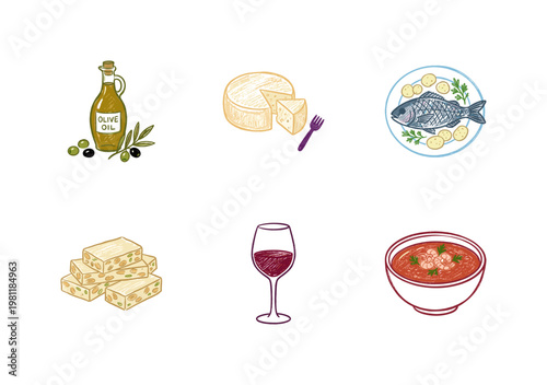 Spanish Cuisine Gastronomy and Mediterranean Food Ingredients with Colorful Crayony Brush Strokes
