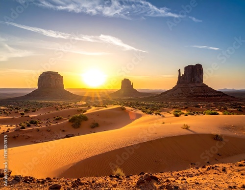 Majestic desert scene captures the warm glow of a setting sun over sandstone buttes and rolling dunes, under a vibrant blue sky