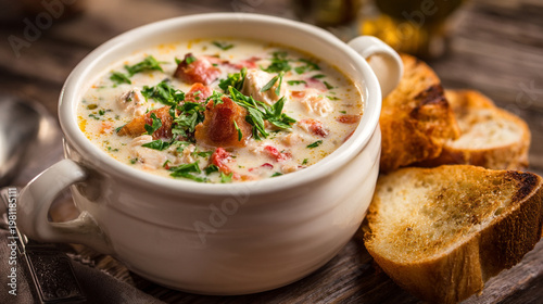 Creamy soup in white bowl with toasted bread on side