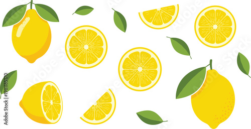 Fresh lemon fruit pattern with slices and green leaves vector illustration for citrus background, summer design and healthy food concept