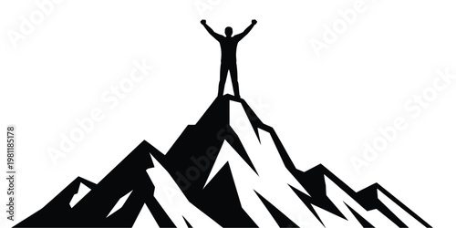 Victory silhouette figure standing on summit with raised arms triumph motivation success concept detailed high quality professional design