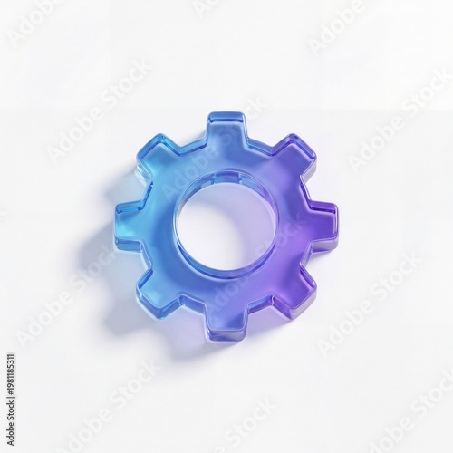 Translucent glass gear icon with blue and purple gradient, 3D crystal cogwheel for technology and settings, modern industrial glasswork on white background