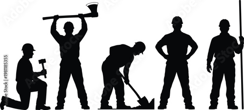 construction workers silhouettes, industrial labor team, builder teamwork concept, manual workers, hard hat safety, engineering workforce, construction site activity, tools