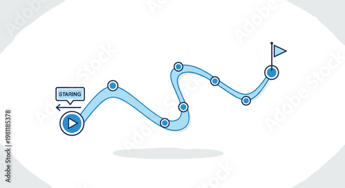 Winding blue path with checkpoints and a flag at the destination, symbolizing project roadmap, journey, progress tracking, and goal achievement.