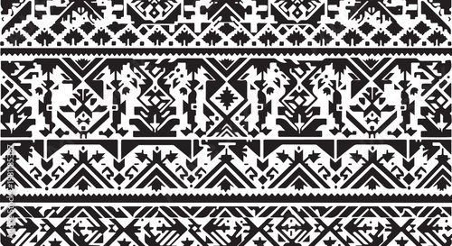 Black and white ethnic patterns, tribal borders, seamless designs, vector textures