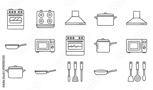 A set of kitchen utensils and appliances in a minimalist line art style