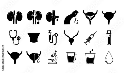 A set of black and white medical icons related to urology and gynecology