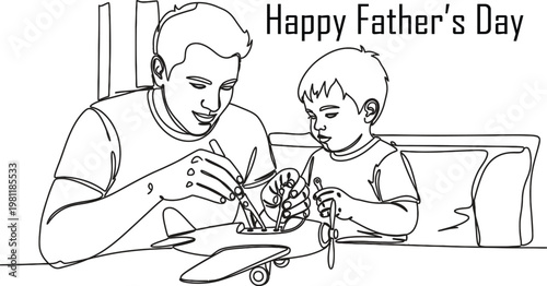 A heartwarming father's day illustration father and son crafting together with a gift