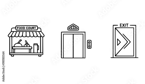 A set of three minimalist icons depicting a food court, elevator, and exit door