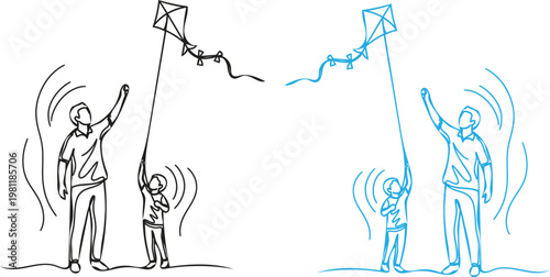 Joyful celebration sketch two figures raise flags with enthusiastic arms in the air