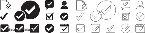 Collection of check mark icons in black and white for approval and confirmation purposes