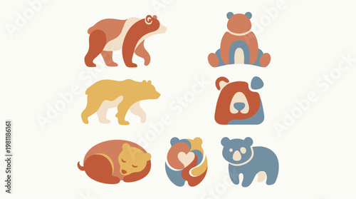 Cute cartoon bear icons set.