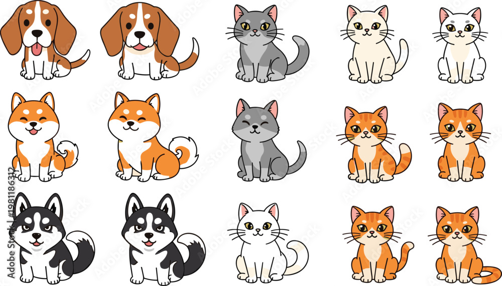 Obraz premium Cartoon Dogs and Cats in Various Breeds for Pets, Animals, and Playful Illustrations
