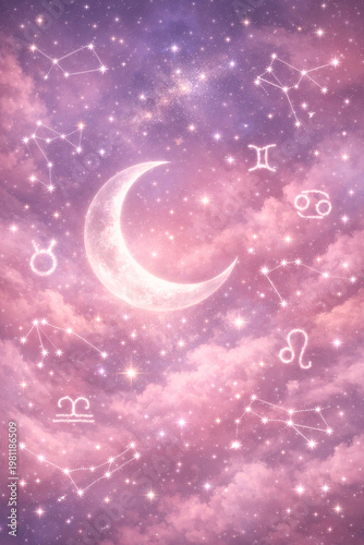 Celestial Serenity: An ethereal tapestry of celestial wonders unfolds, where a luminous crescent moon reigns amid a pastel-colored dreamscape, intertwined with constellations and astrological symbols.