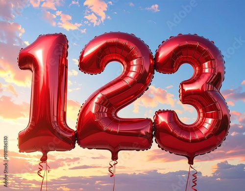 Red balloon numerals float against a vibrant sunset sky. The glossy figures are arranged horizontally, catching the warm sunlight