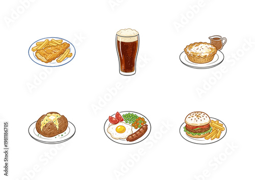 English Pub Food and British Cuisine Gastronomy in Colorful Crayony Brush Style with Organic Calligraphic Strokes