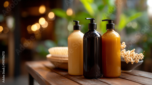 Three bottles of natural soap or lotion on a wooden table outdoors