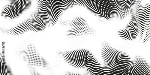 Black halftone dot wave pattern. Abstract grain fluid texture background. Dotted grit curve wallpaper. rasterized undulate swoosh overlay for poster, booklet, banner, brochure, flyer, leaflet. Vector