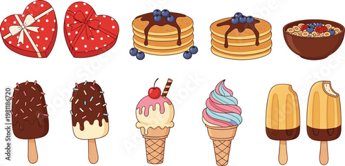 Sweet desserts collection with pancakes, ice cream cones, popsicles and chocolate treats isolated on white background for menu design
