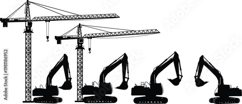 construction machinery silhouettes set, tower cranes and excavators working, heavy equipment industrial scene, building site development, engineering infrastructure concept illustration