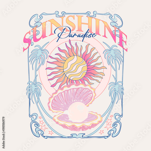 Hand Drawing summer Girls Graphic tee artwork. Sunshine Paradise Gradient Typography. Hand Pint  Seashell art.  vector Bordar Frame. Perfects For T shirt, Sweatshirt 