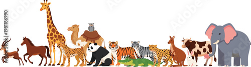 Cartoon Collection of Wild and Domestic Animals Including Giraffe, Tiger, Elephant, and More for Wildlife, Nature, and Animal Illustrations