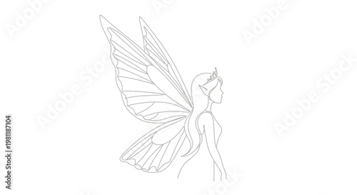 Elegant fairy sketch with delicate butterfly wings and crown, profile view, white background