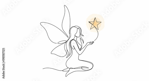 Continuous line drawing of a fairy holding a star with wings and flowing hair, white background