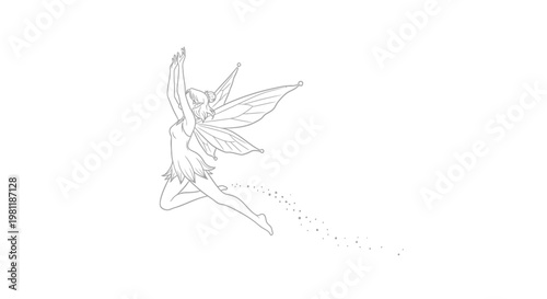 Whimsical fairy in flight, delicate wings, magical dust trail, fantasy illustration