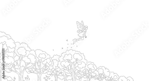 Whimsical Fairy Flying Over Forest Canopy, Magical Woodland Scene, Outline Art