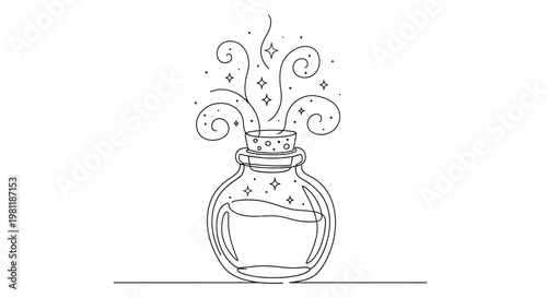 Magic potion bottle with sparkling mist and swirls, simple line art, isolated on white background
