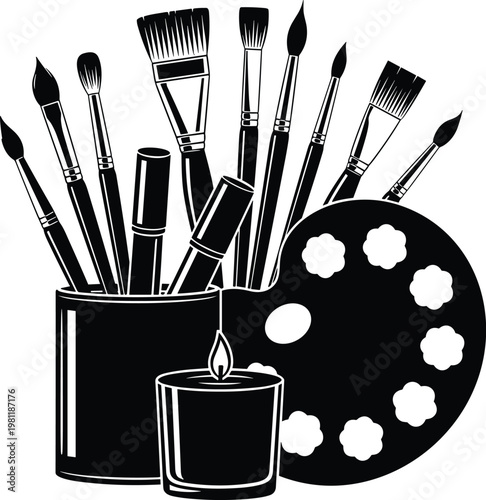 Artist tools silhouette vector set, paint brushes palette candle composition, black art equipment collection, creative studio elements, isolated painting supplies illustration for design projects