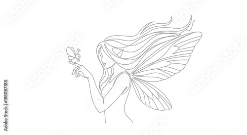 Minimalist Fairy Line Art with Butterfly, Whimsical Fantasy Illustration