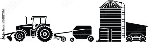Farm equipment silhouette black modern agriculture tractor harvesting baler grain storage silo windmill detailed high quality professional design