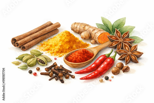 Aromatic Spice Assortment: A vibrant composition of culinary delights showcases an array of fragrant spices, each with its unique flavor and aroma, set to elevate any dish.