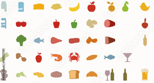 Food icons set groceries nutrition flat vector bundle dairy fruits vegetables meat seafood bakery alcohol isolated on white