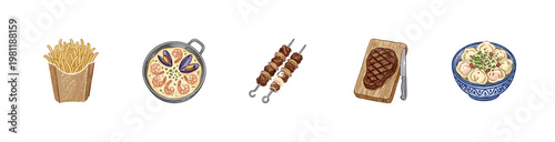 Fast Food and Gourmet Dinner Dishes with Inky Pencil Texture and Crayon Colorful Aesthetic