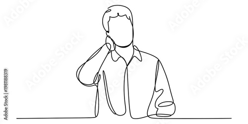 A continuous line drawing of a man appearing thoughtful while resting his hand on his own neck Vector, illustration