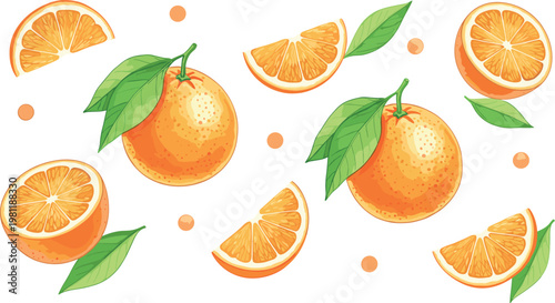 Seamless orange fruit pattern with whole oranges, slices and leaves vector illustration for fresh citrus background and summer design