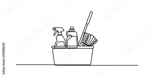 A single continuous line drawing of a plastic bucket filled with assorted house cleaning tools Vector, illustration