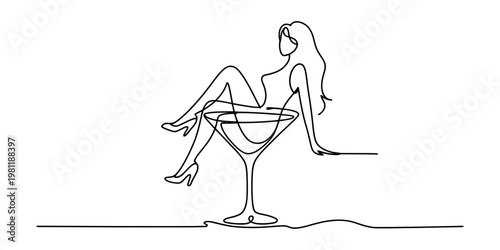 Minimalist continuous line art of a woman sitting inside a large martini cocktail glass design Vector, illustration