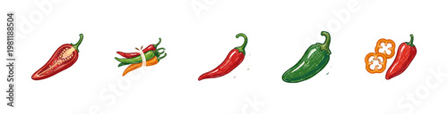 Hot Chili Peppers and Spicy Vegetable Ingredients in Colorful Crayony Brushstroke Style