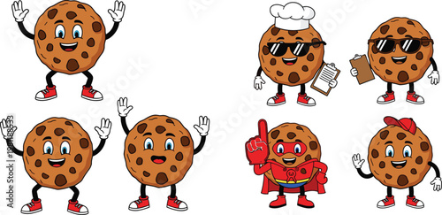 Cute cookie mascot characters vector set with different professions and emotions including chef superhero and playful poses isolated illustration