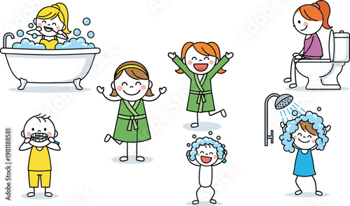 Cartoon Children Engaged in Bathing, Washing, and Toilet Activities for Hygiene, Health, and Daily Routine Illustrations