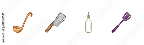 Kitchen Utensils and Professional Cooking Equipment with Colorful Crayony Pencil Texture and Artistic Chalkboard Aesthetic