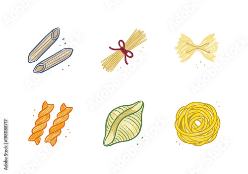 Dry Italian Pasta Varieties and Kitchen Flour Products with Colorful Crayony Pencil Texture and Organic Calligraphic Outlines