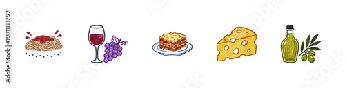 Italian Cuisine and Mediterranean Food Ingredients with Colorful Crayony Brush Strokes and Colorful Organic Fluid Outlines