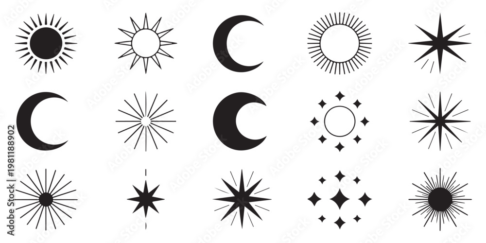 Fototapeta premium Assortment of celestial symbols including sun, crescent moon, and stars