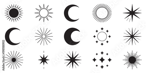 Assortment of celestial symbols including sun, crescent moon, and stars