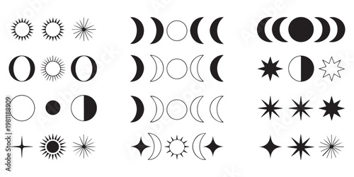 Celestial symbols including sun, moon phases, and stars in a minimalist style